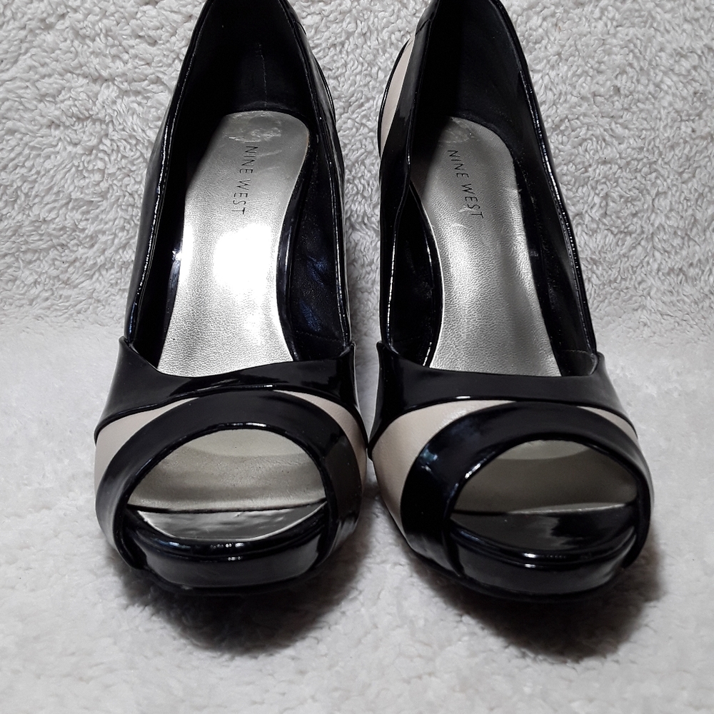 Nine West Leather Black/Beige Peep Toe Pumps Sz7.5 - Picture 3 of 13